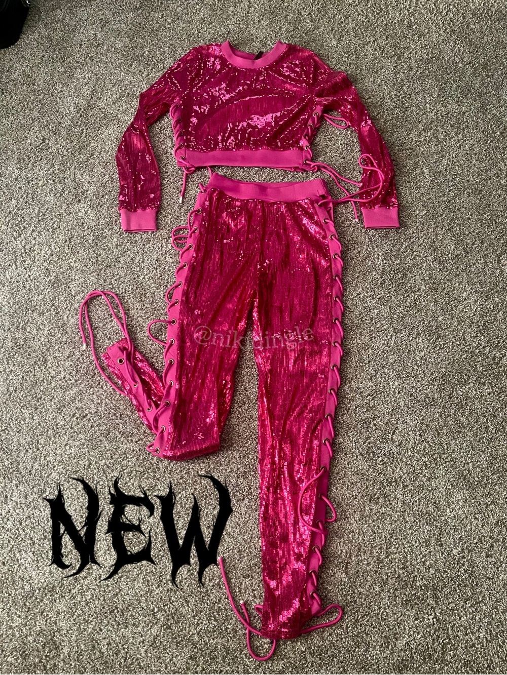 NEW Dolls Kill Sequined Side Lace 2 piece set Pink Mesh Corset Grommet K Too L